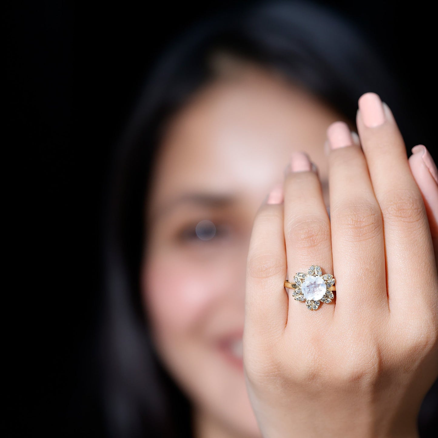 0.85 CT Moonstone and Diamond Floral Halo Engagement Ring
