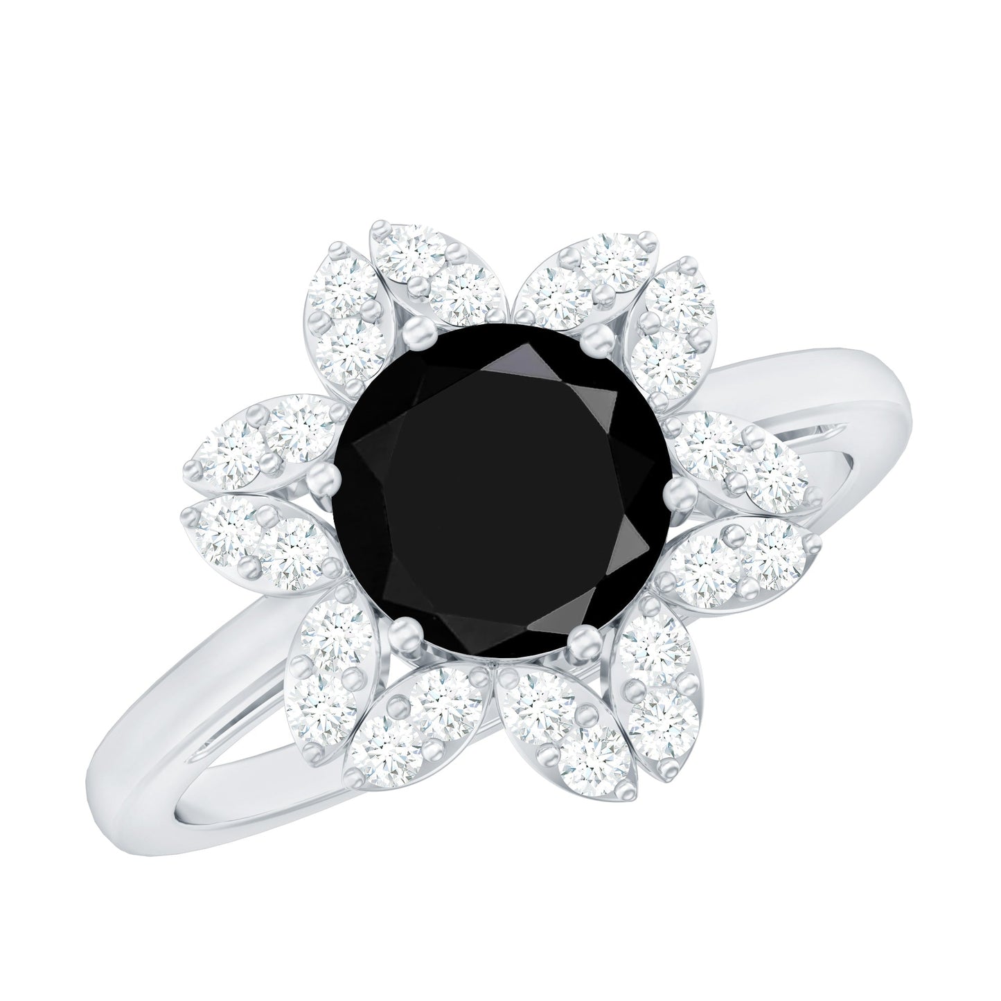 Natural 2.6 Carat Black Spinel Flower Engagement Ring with Diamond