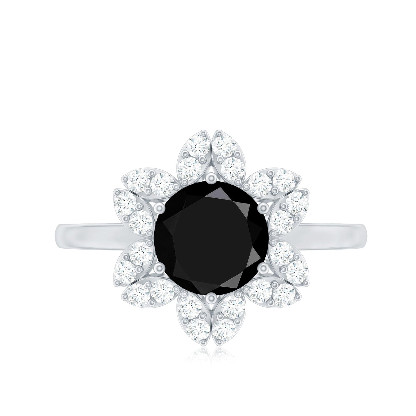 Natural 2.6 Carat Black Spinel Flower Engagement Ring with Diamond