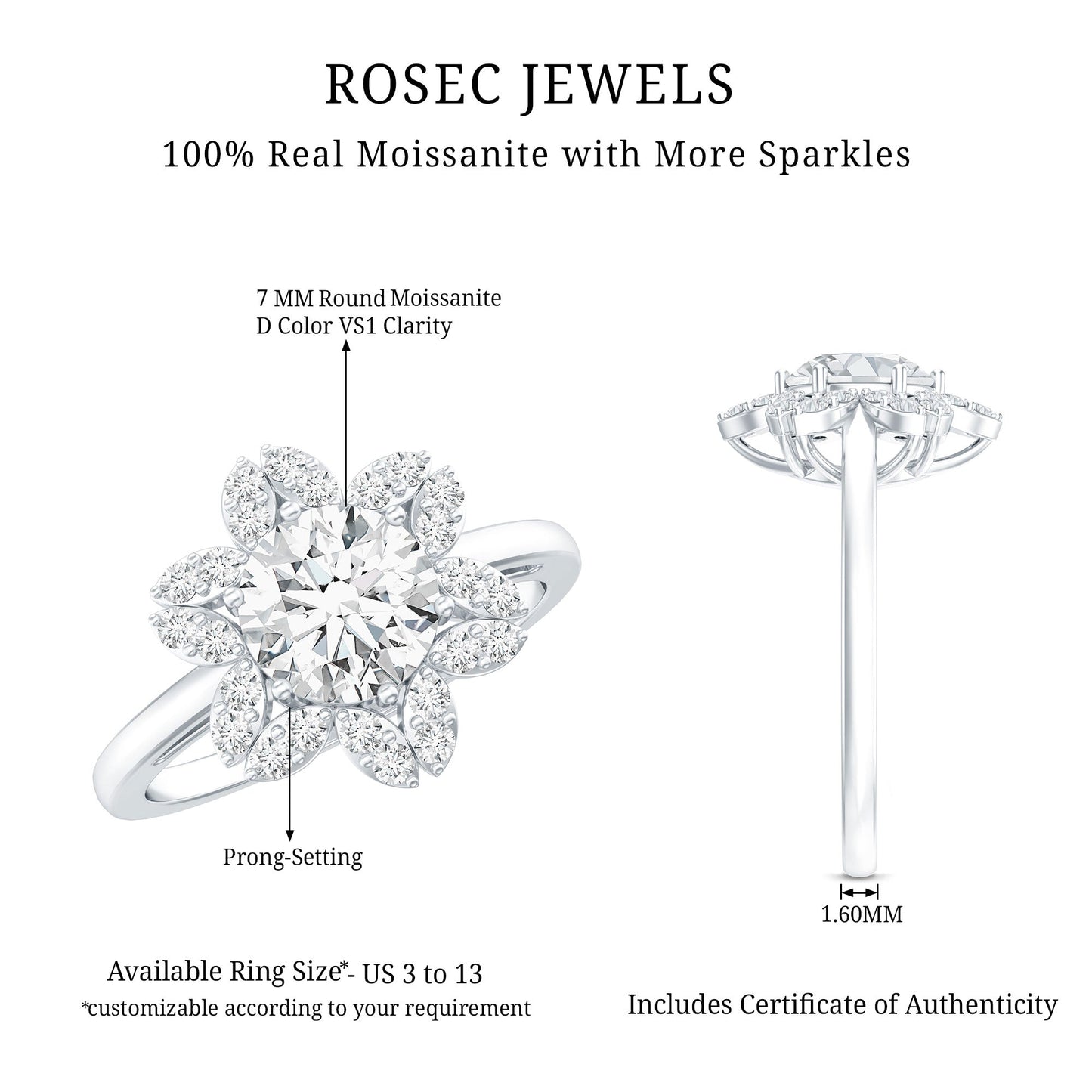 Certified Moissanite Flower Halo Engagement Ring for Women
