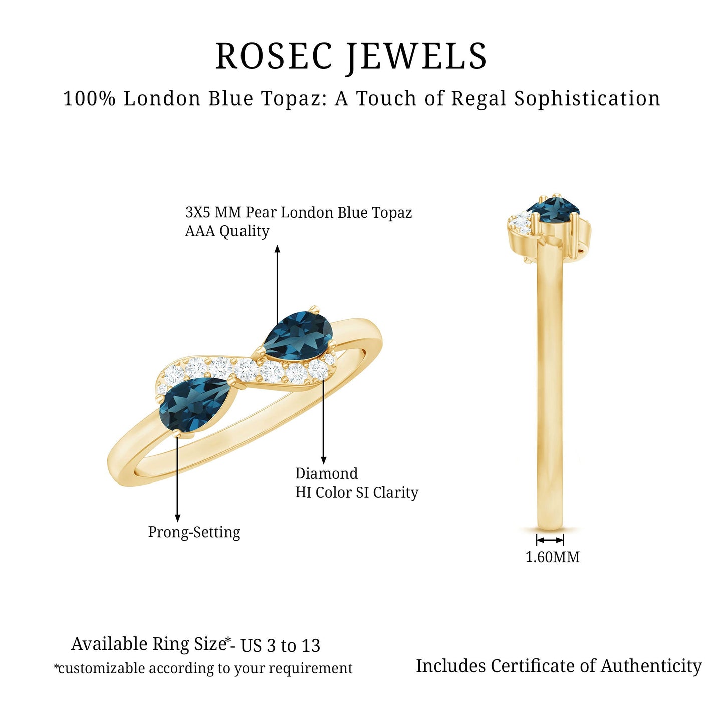 Pear Shape London Blue Topaz Infinity Promise Ring with Diamond
