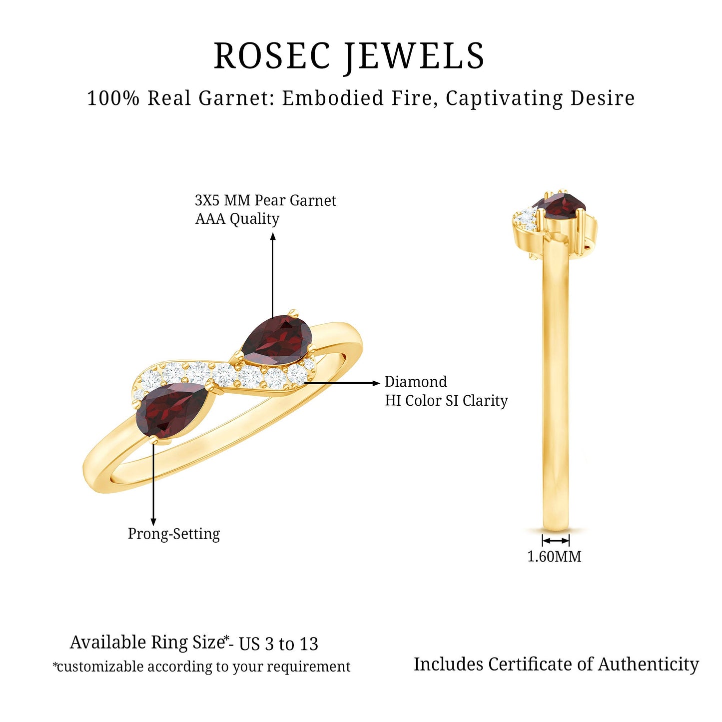 Real Garnet 2 Stone Infinity Promise Ring with Diamond