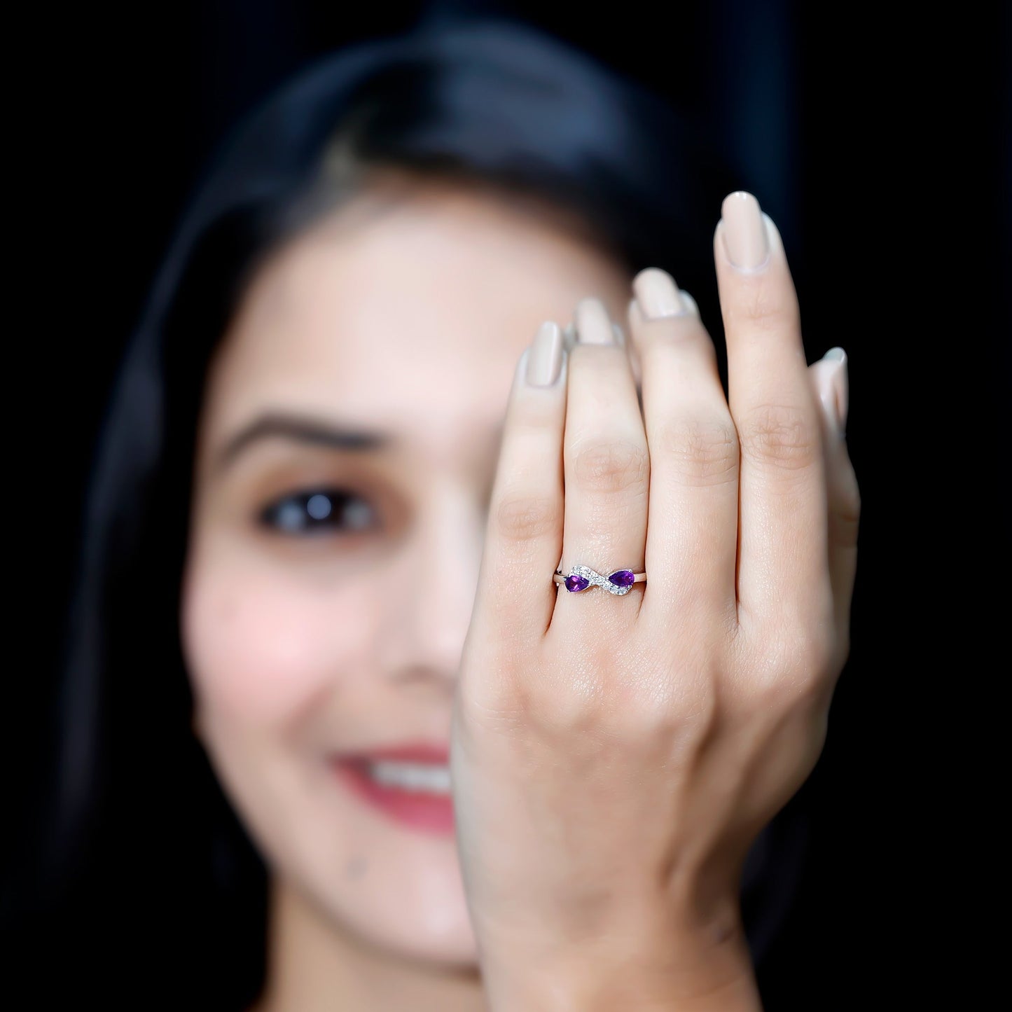 Pear Shaped Amethyst Infinity Promise Ring with Diamond