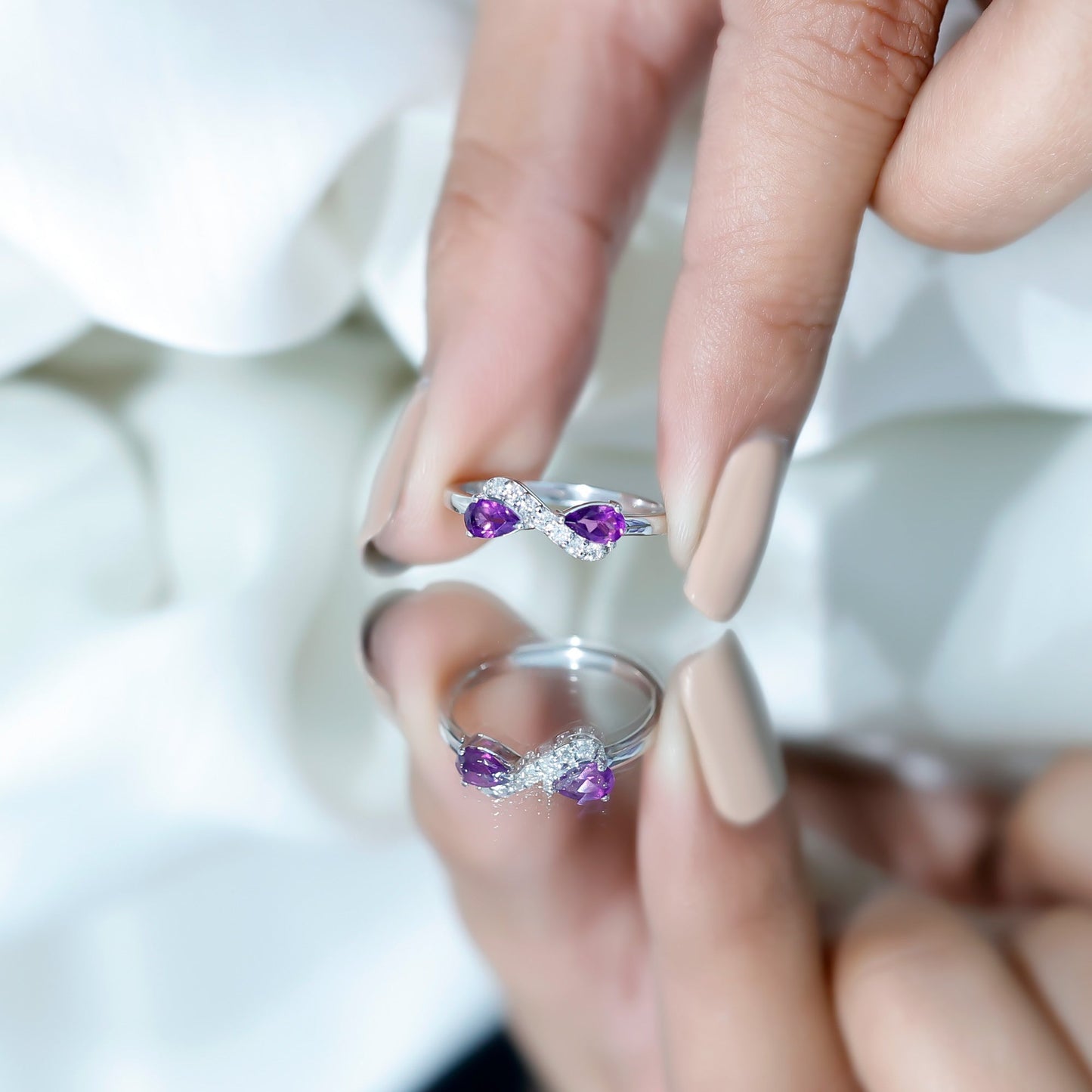 Pear Shaped Amethyst Infinity Promise Ring with Diamond