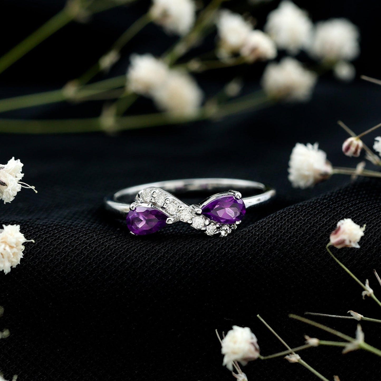 Pear Shaped Amethyst Infinity Promise Ring with Diamond