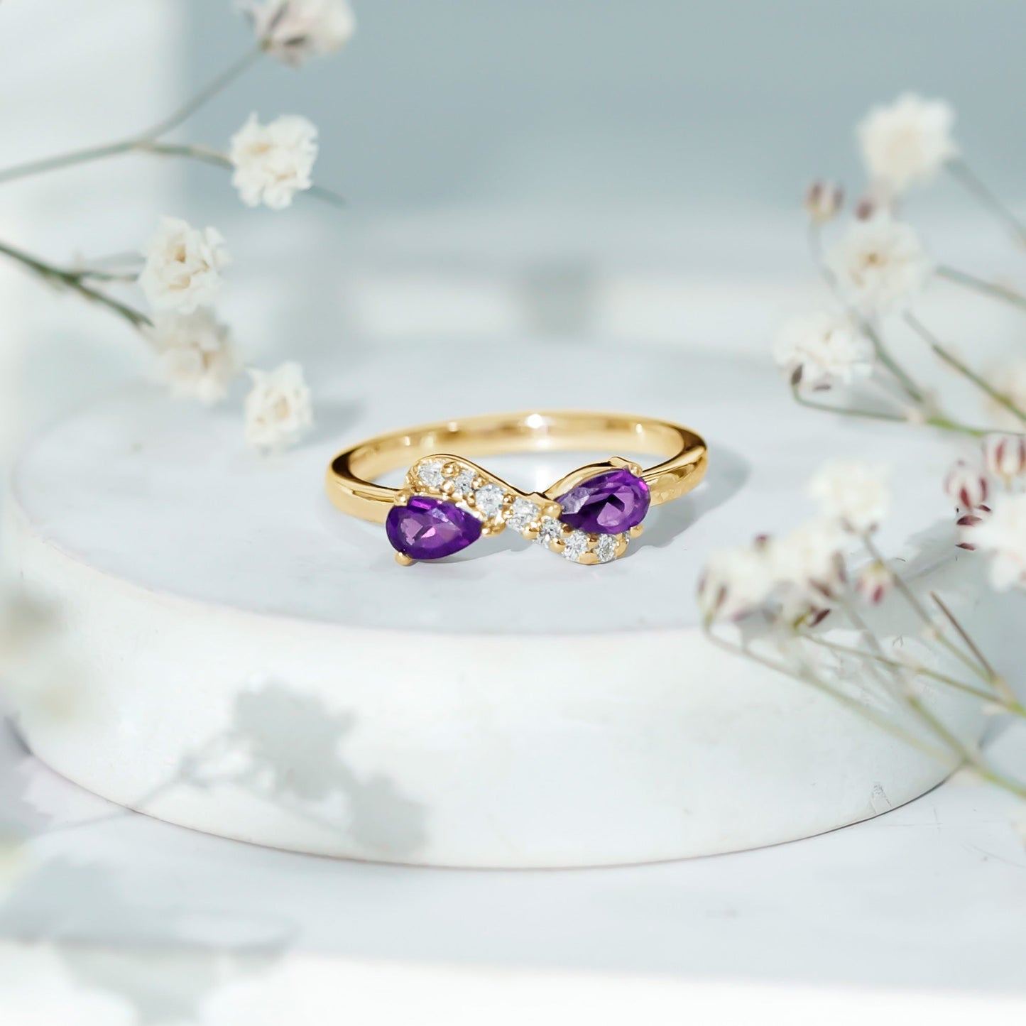 Pear Shaped Amethyst Infinity Promise Ring with Diamond