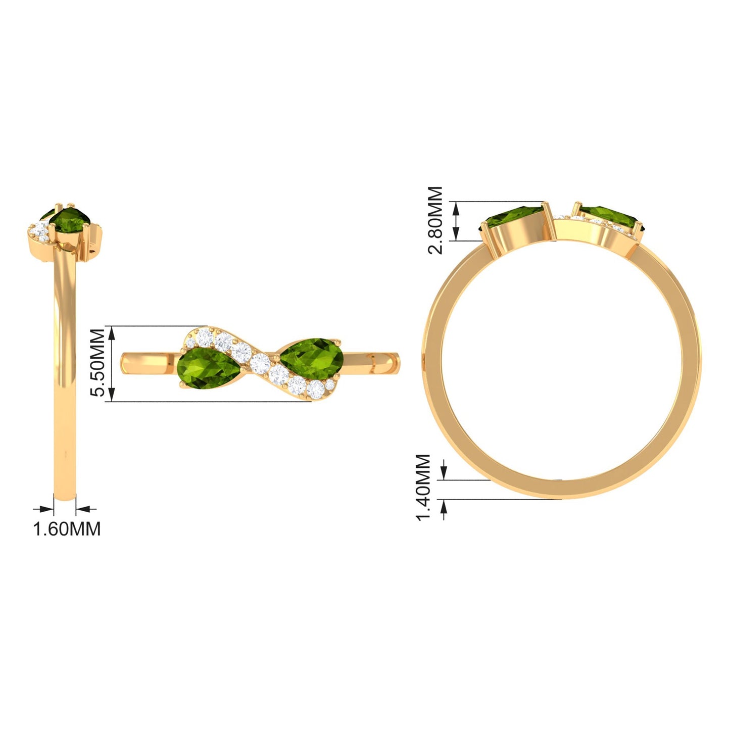 Real Pear Shape Peridot 2 Stone Promise Ring with Diamond