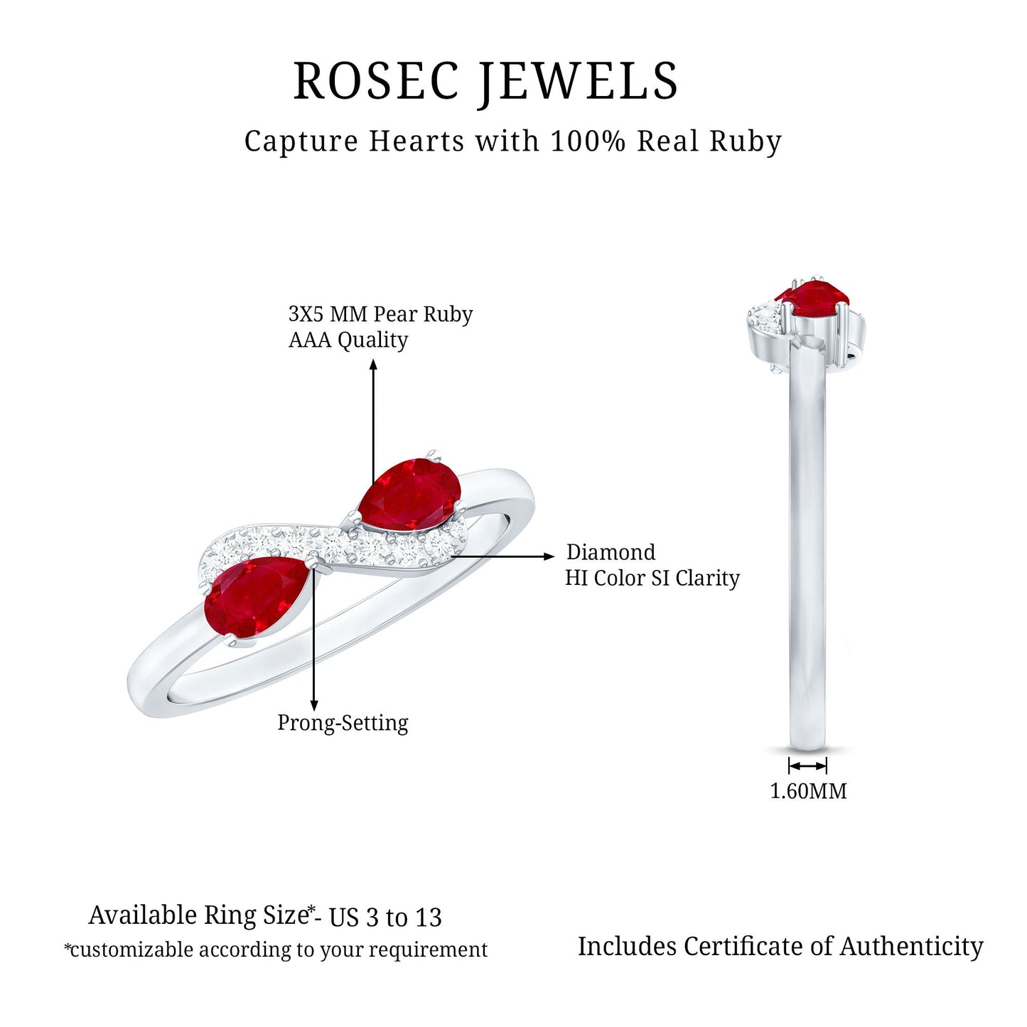 Natural Pear Shape Ruby Toi Et Moi Promise Ring with Diamond