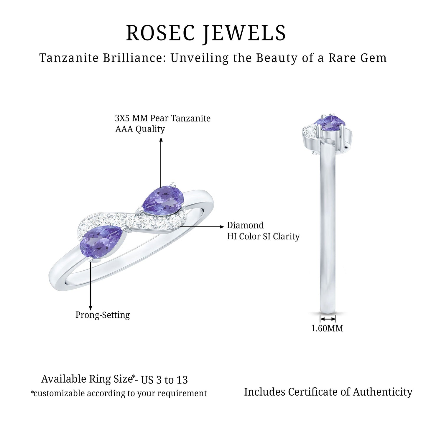 Real Tanzanite 2 Stone Promise Ring with Diamond