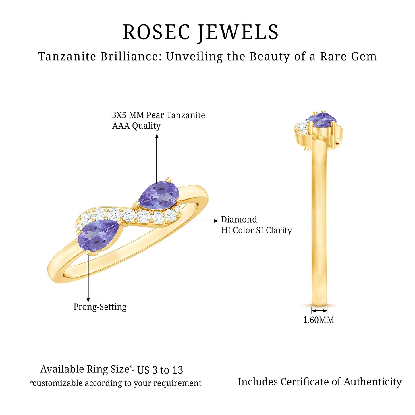 Real Tanzanite 2 Stone Promise Ring with Diamond