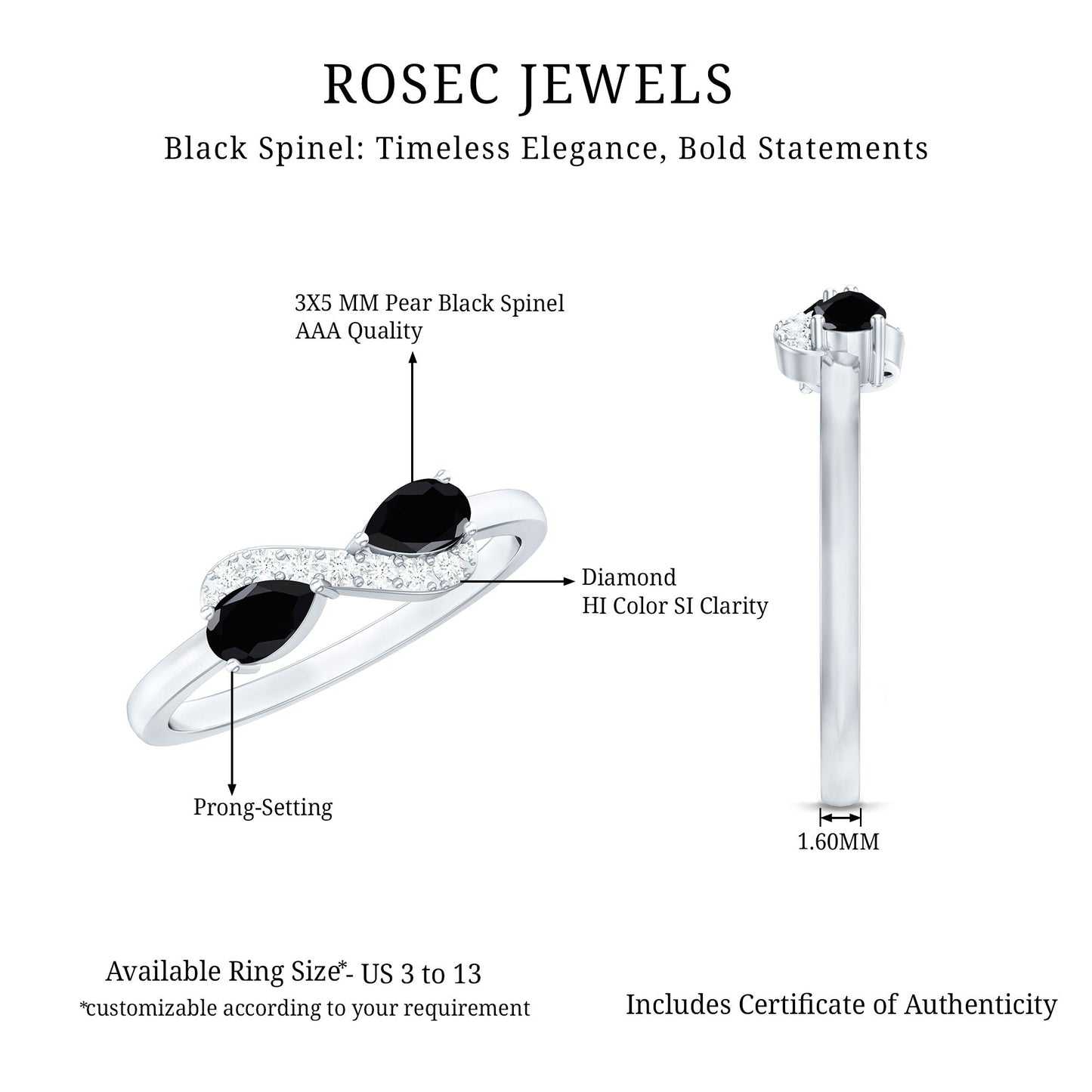 Natural Black Spinel Diamond 2 Stone Promise Ring in East West Style