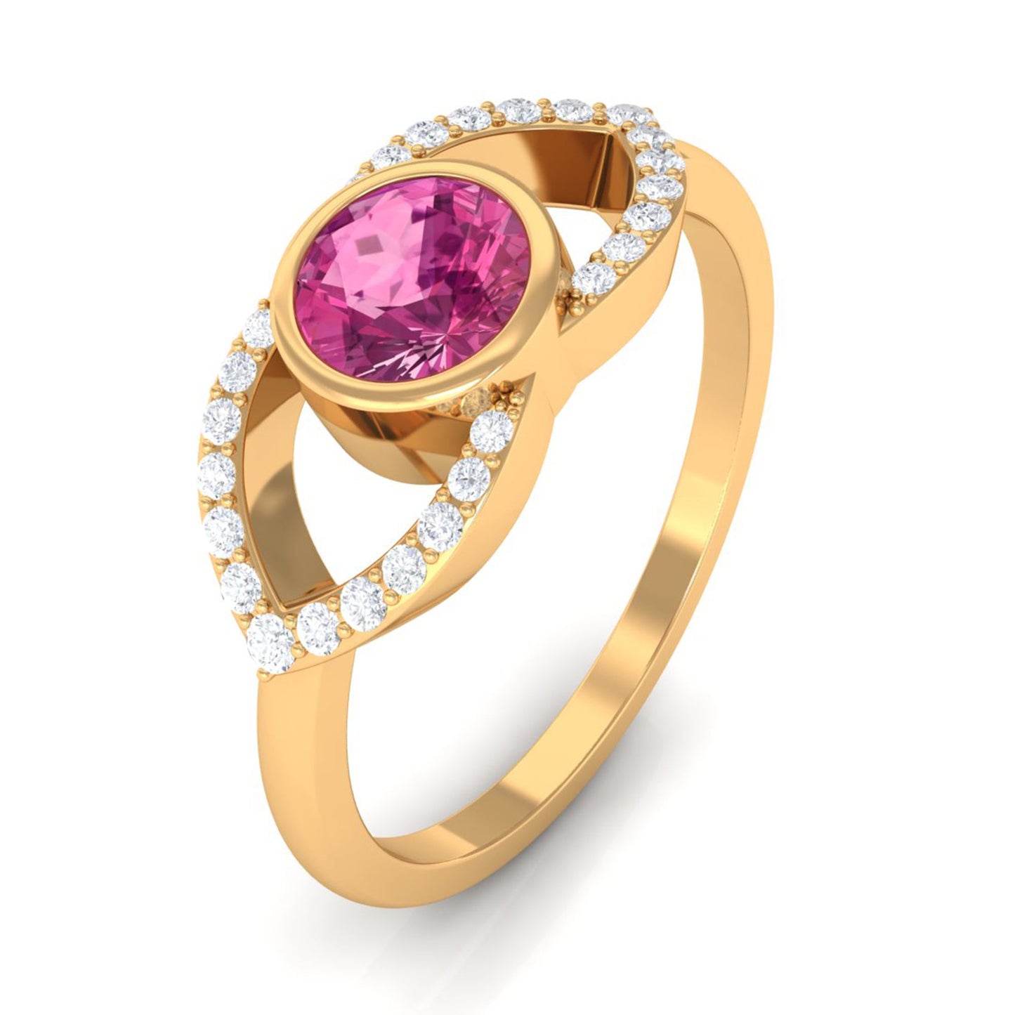 Pink Tourmaline Solitaire Split Shank Ring with Diamond