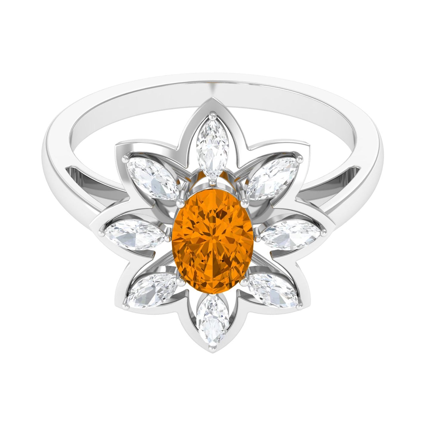1 Carat Oval Cut Citrine Flower Engagement Ring with Diamond Stones