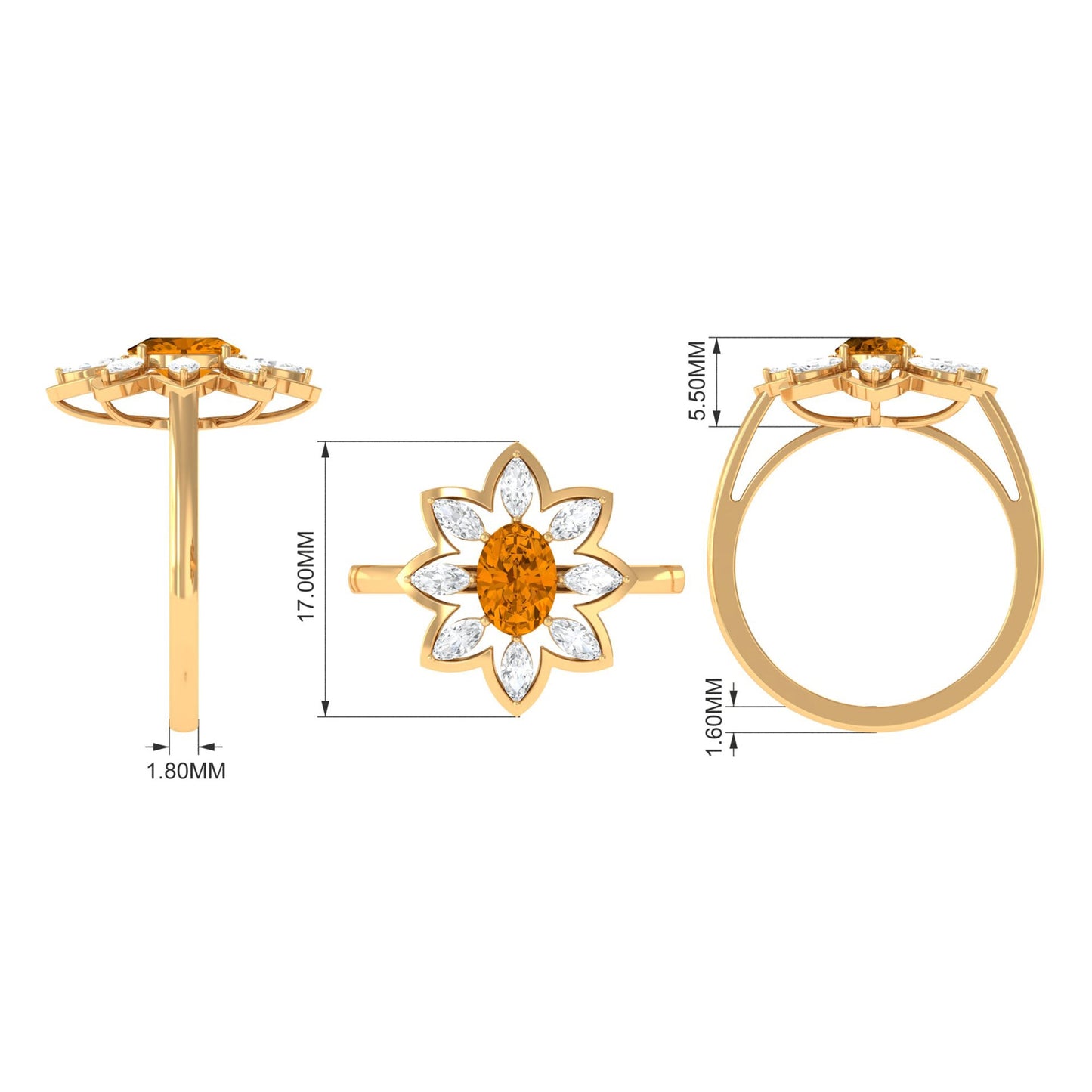 1 Carat Oval Cut Citrine Flower Engagement Ring with Diamond Stones