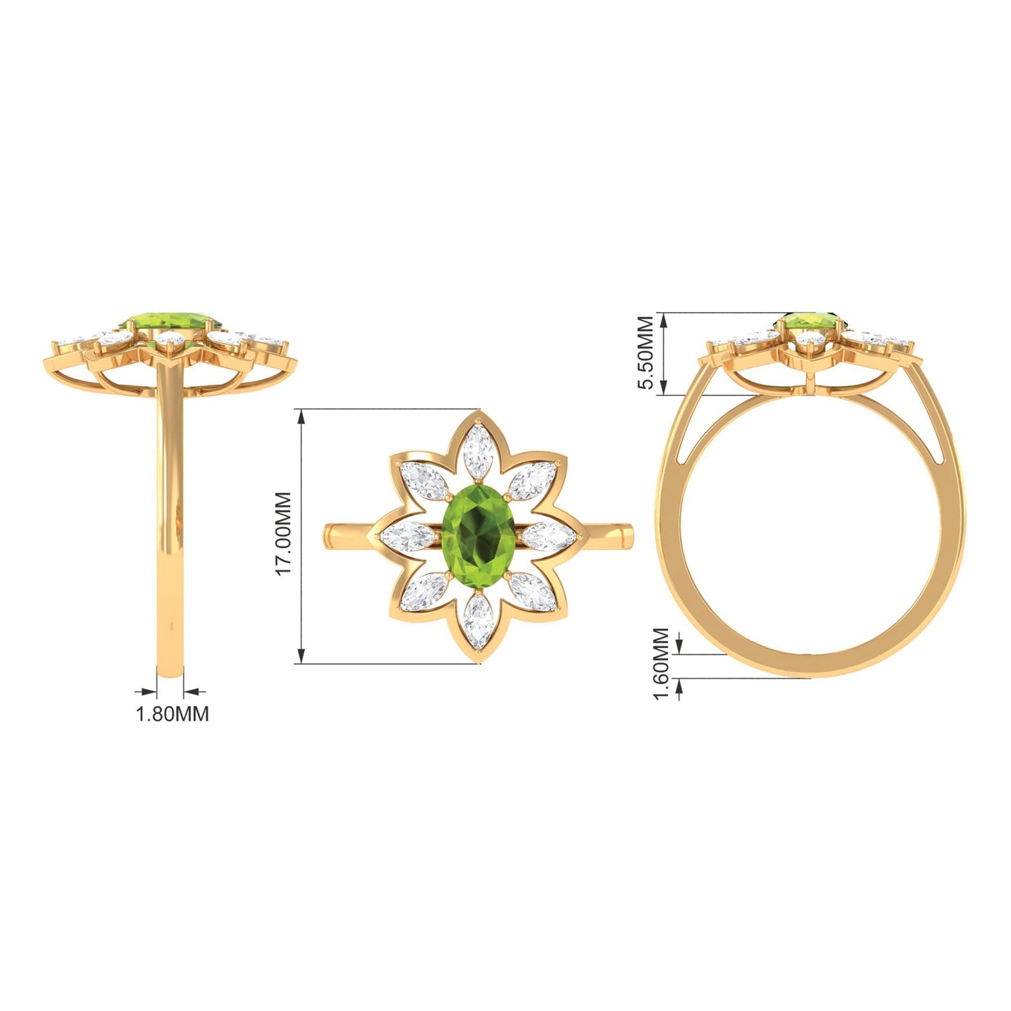 Oval Cut Peridot and Diamond Flower Engagement Ring with Certificate