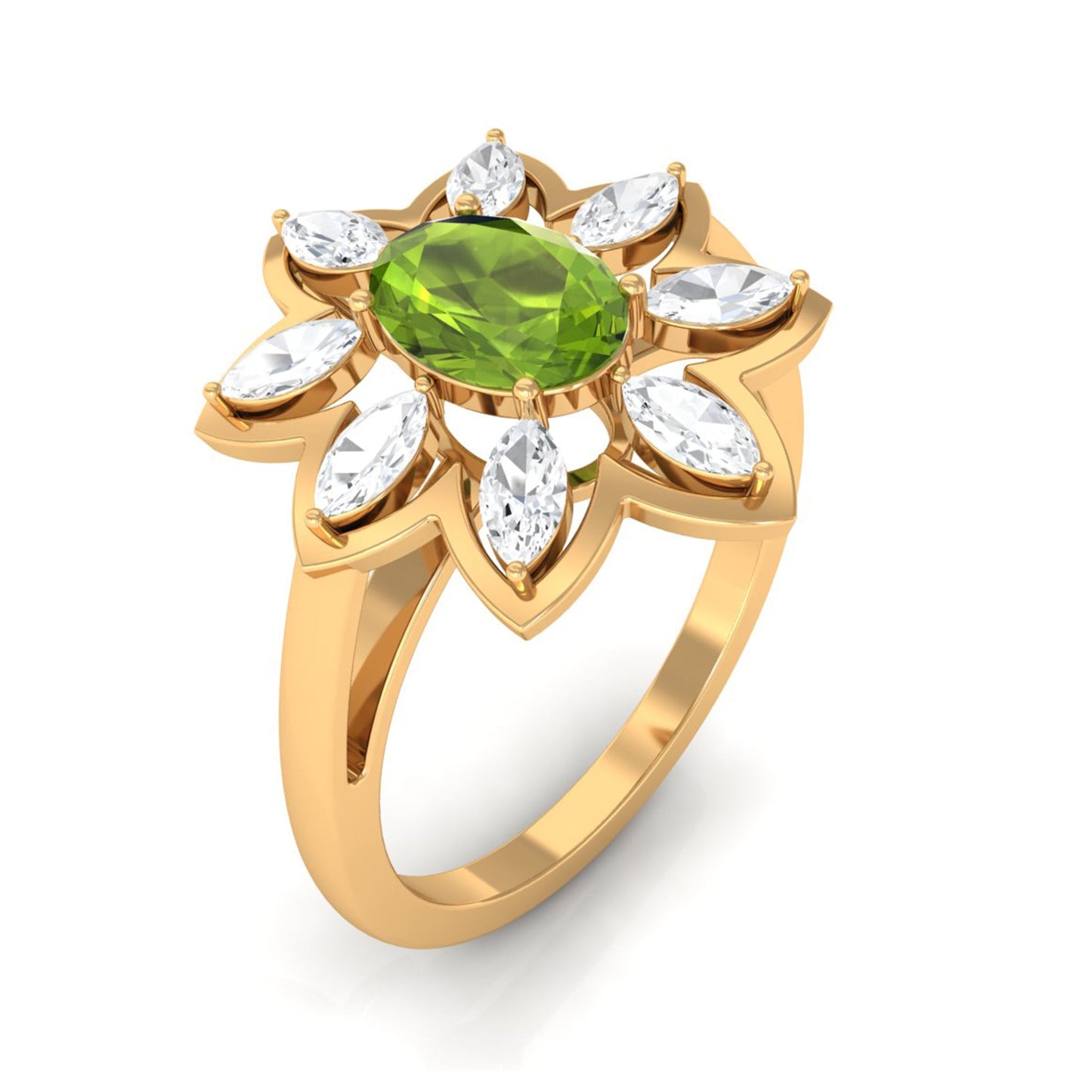 Oval Cut Peridot and Diamond Flower Engagement Ring with Certificate