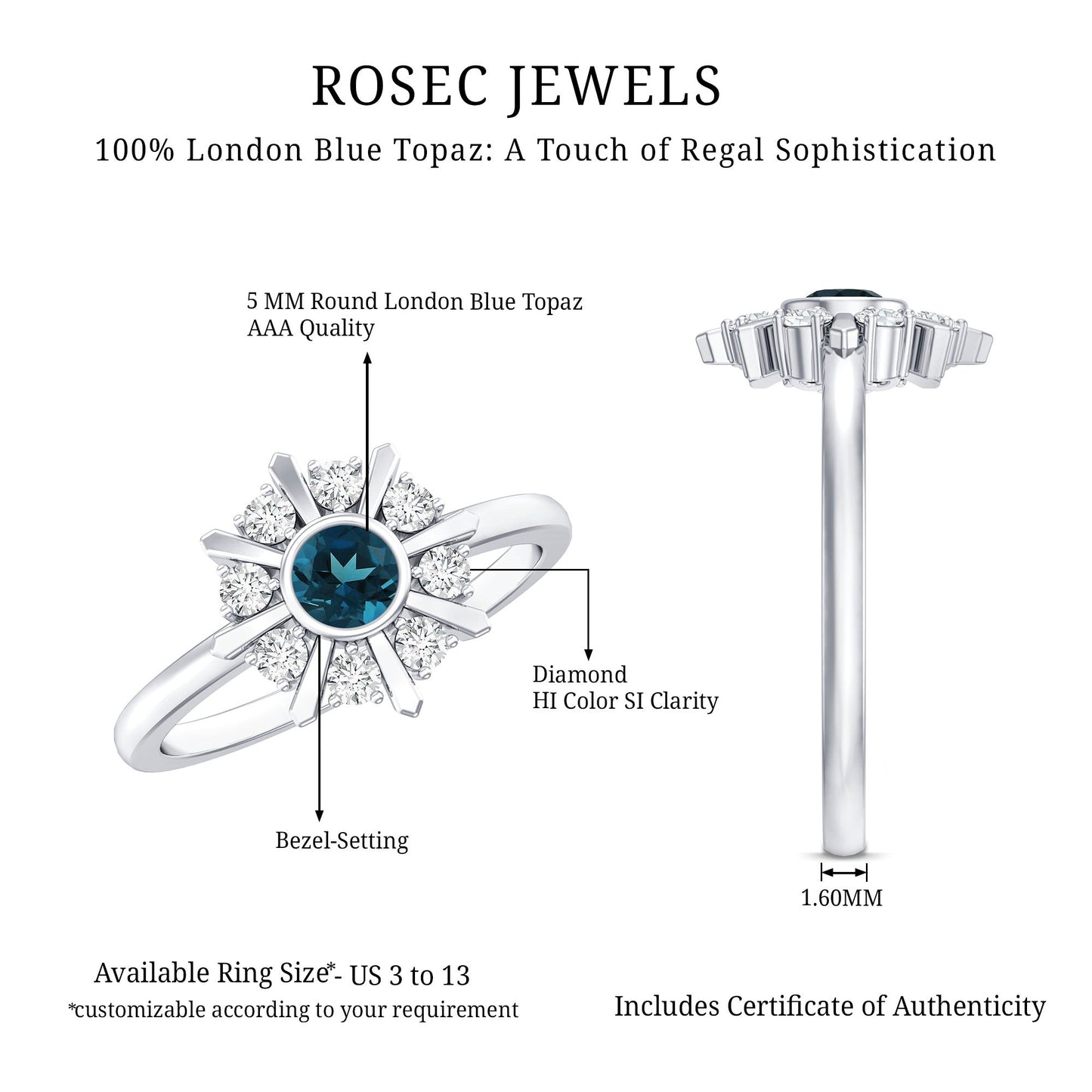 0.6 Carat Round London Blue Topaz Flower Ring with Diamond