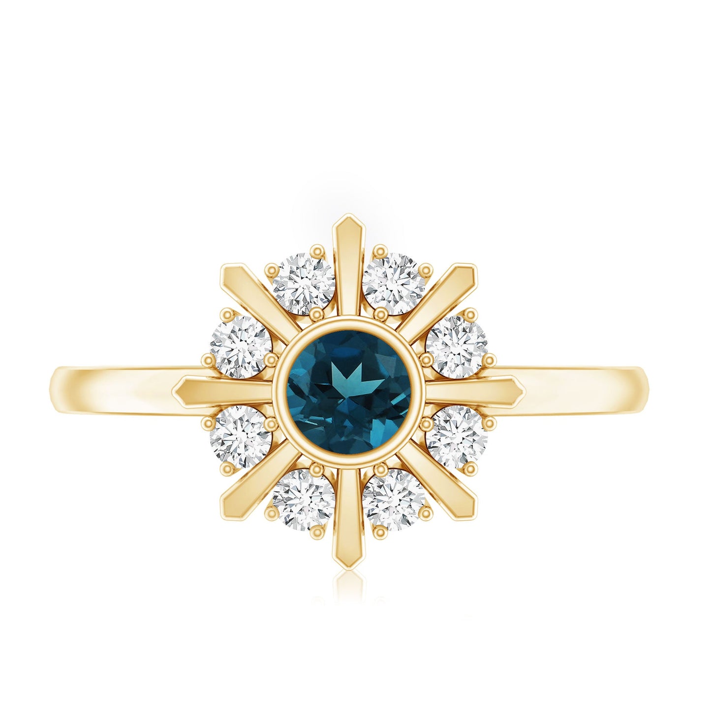 0.6 Carat Round London Blue Topaz Flower Ring with Diamond