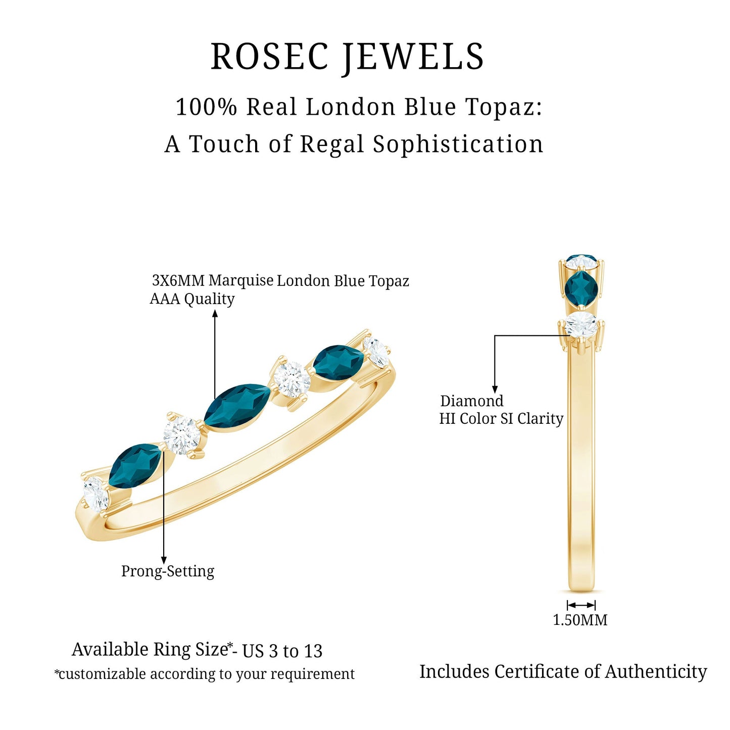 Marquise London Blue Topaz Stackable Eternity Band with Diamond