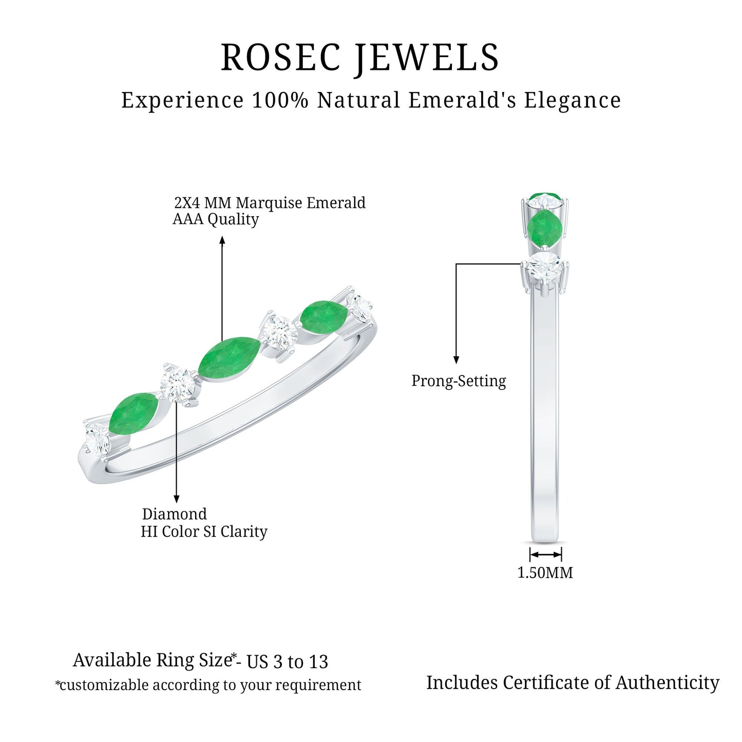 Genuine Emerald and Diamond Minimalist Half Eternity Ring