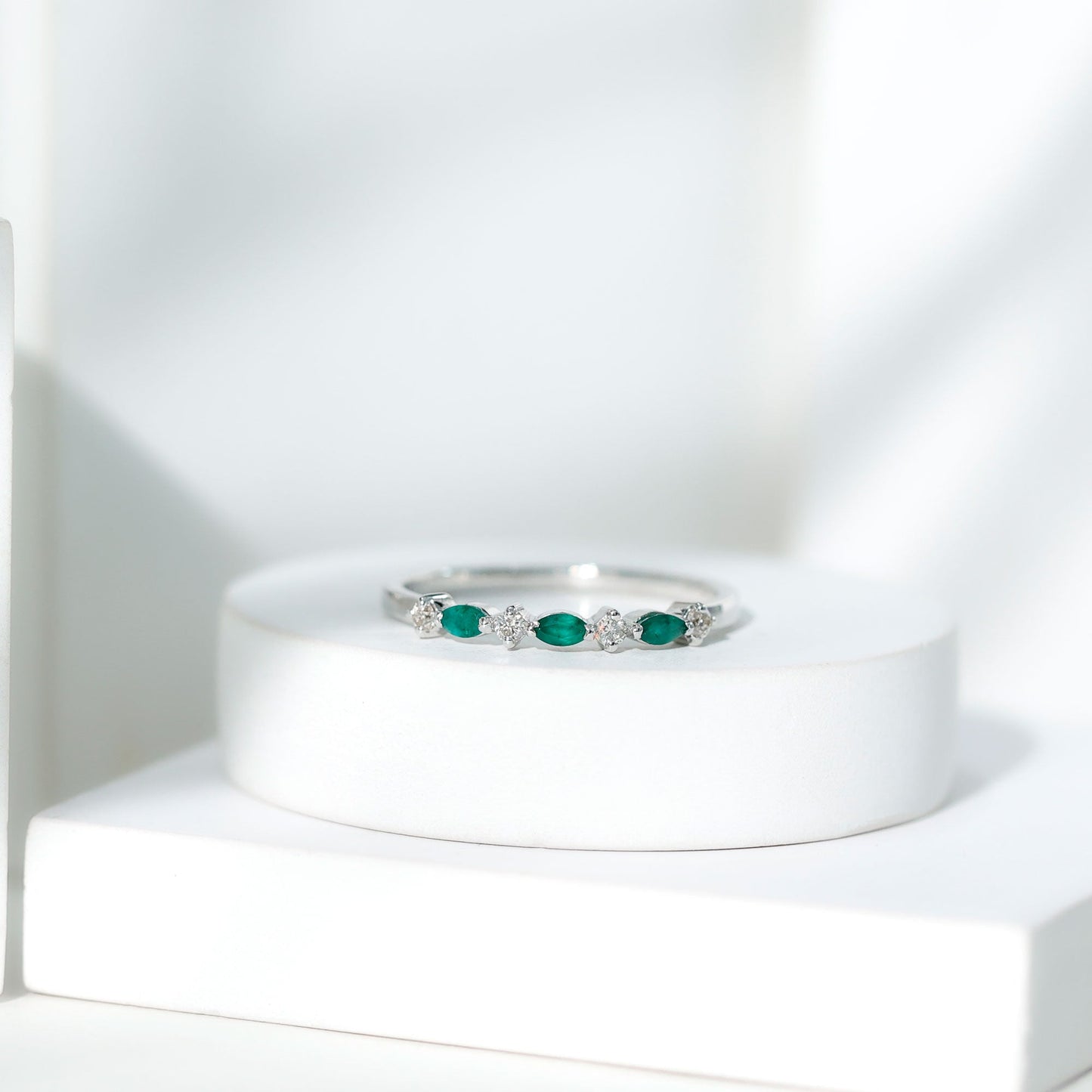 Genuine Emerald and Diamond Minimalist Half Eternity Ring