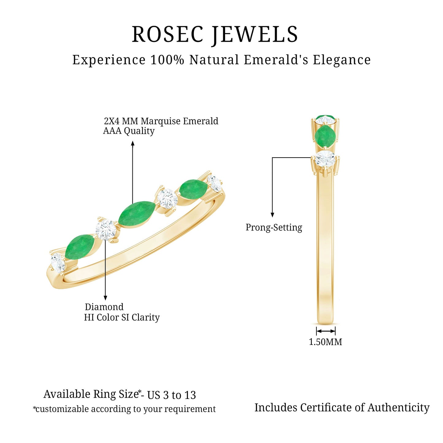 Genuine Emerald and Diamond Minimalist Half Eternity Ring