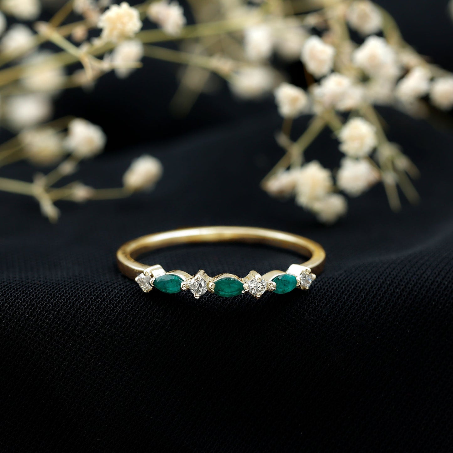 Genuine Emerald and Diamond Minimalist Half Eternity Ring