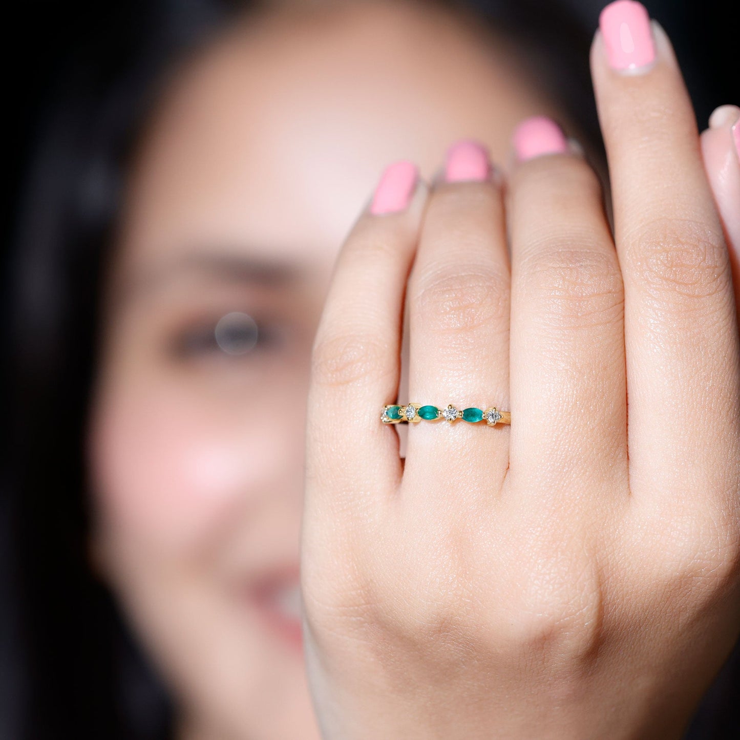 Genuine Emerald and Diamond Minimalist Half Eternity Ring