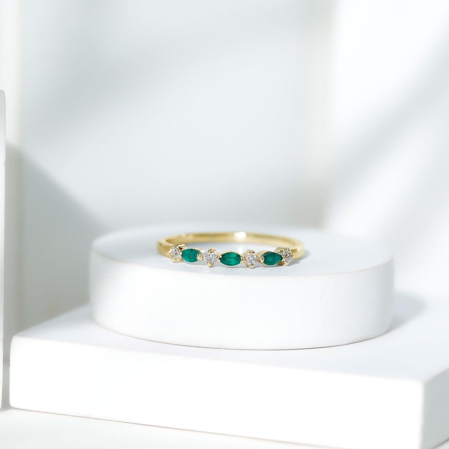 Genuine Emerald and Diamond Minimalist Half Eternity Ring
