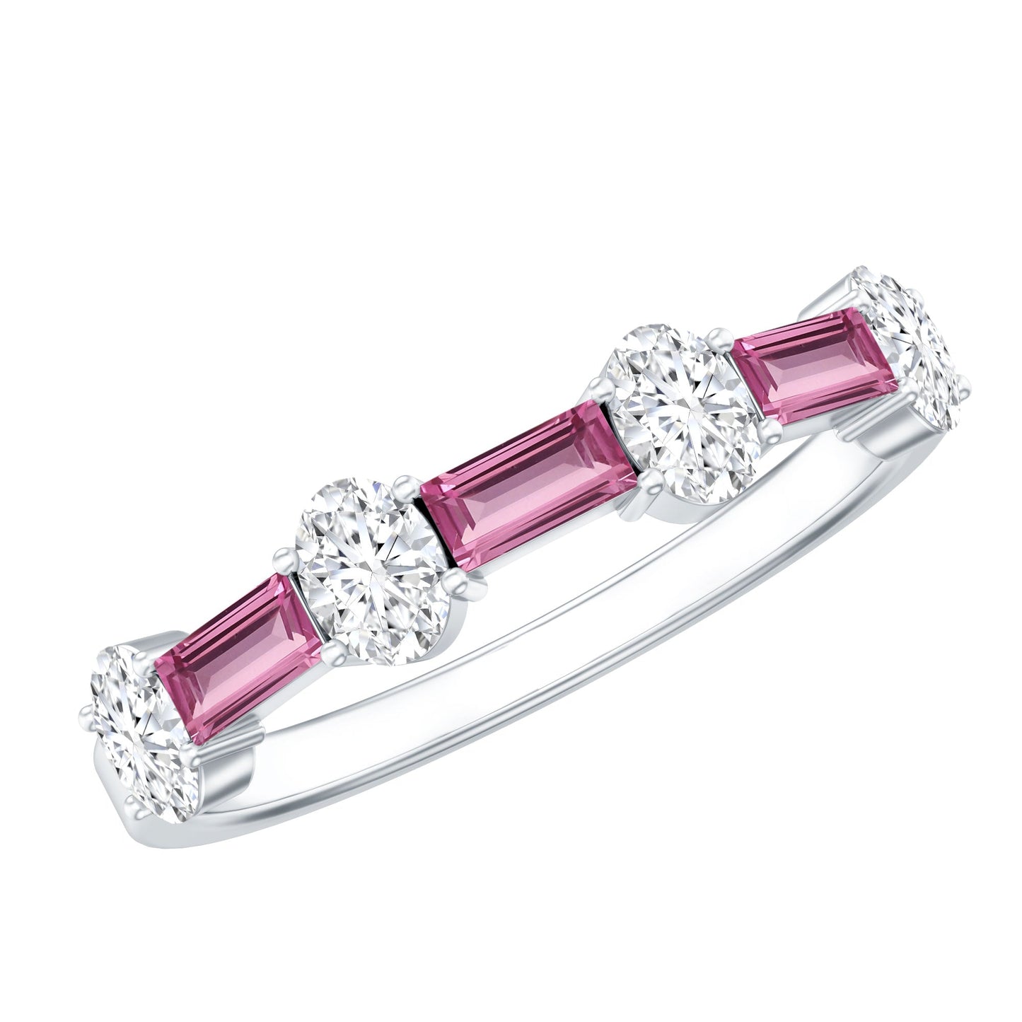 Natural Pink Tourmaline Semi Eternity Ring with Moissanite