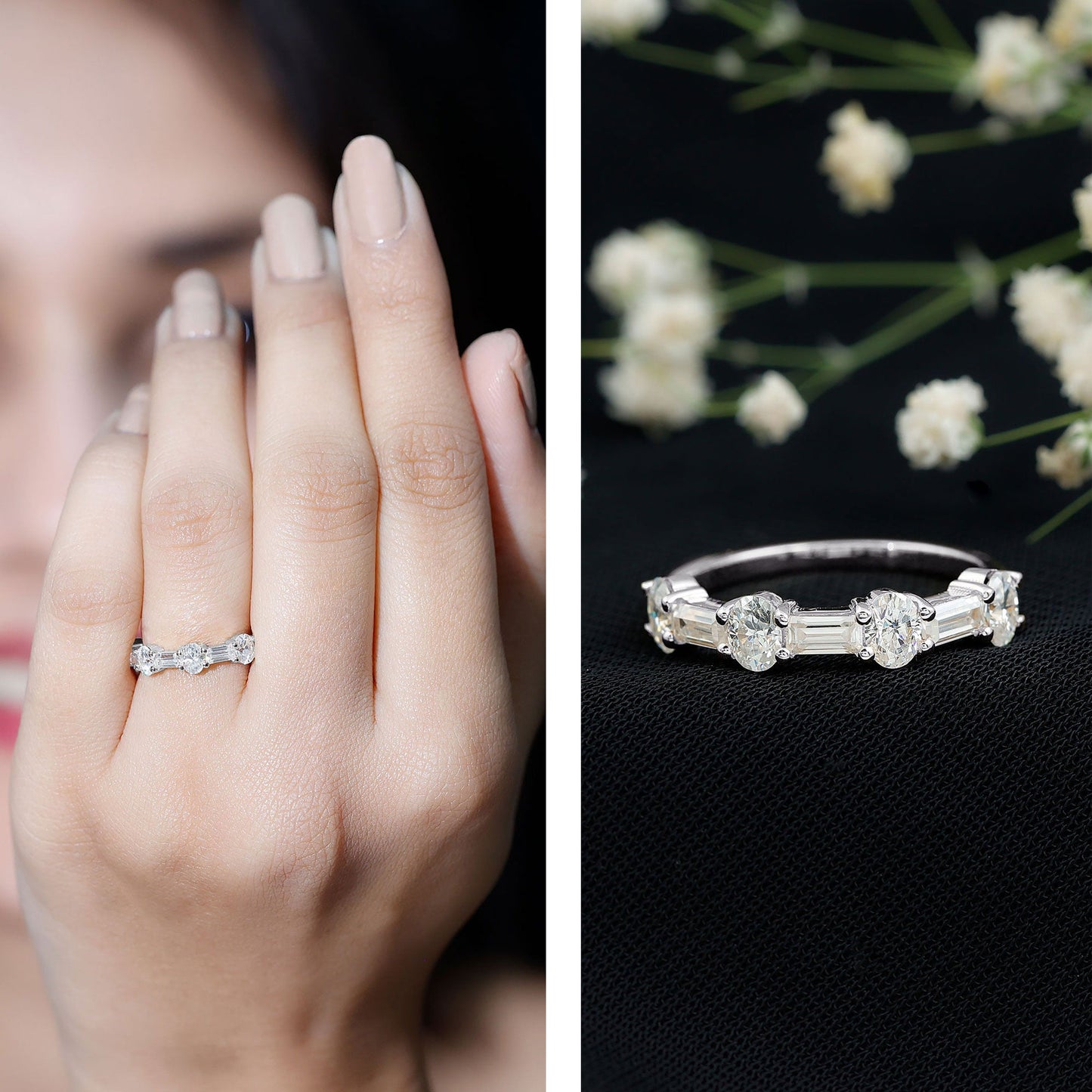 Oval and Baguette Cut Moissanite Half Eternity Ring
