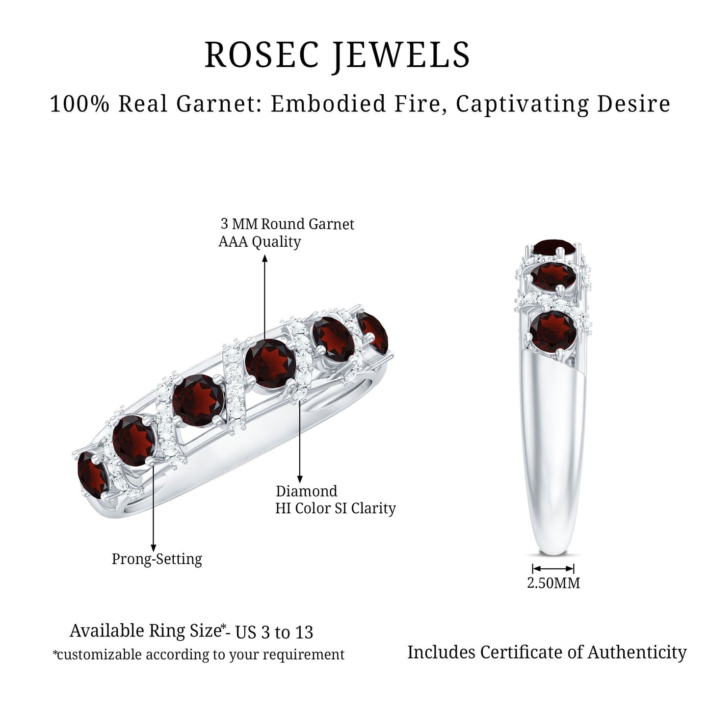 Genuine Red Garnet Diamond Half Eternity Ring for Anniversary