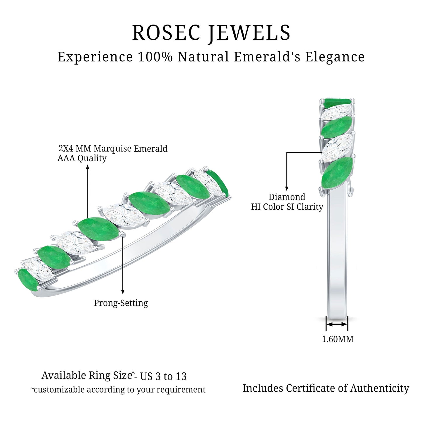Genuine Marquise Emerald Diamond Half Eternity Ring for Wedding