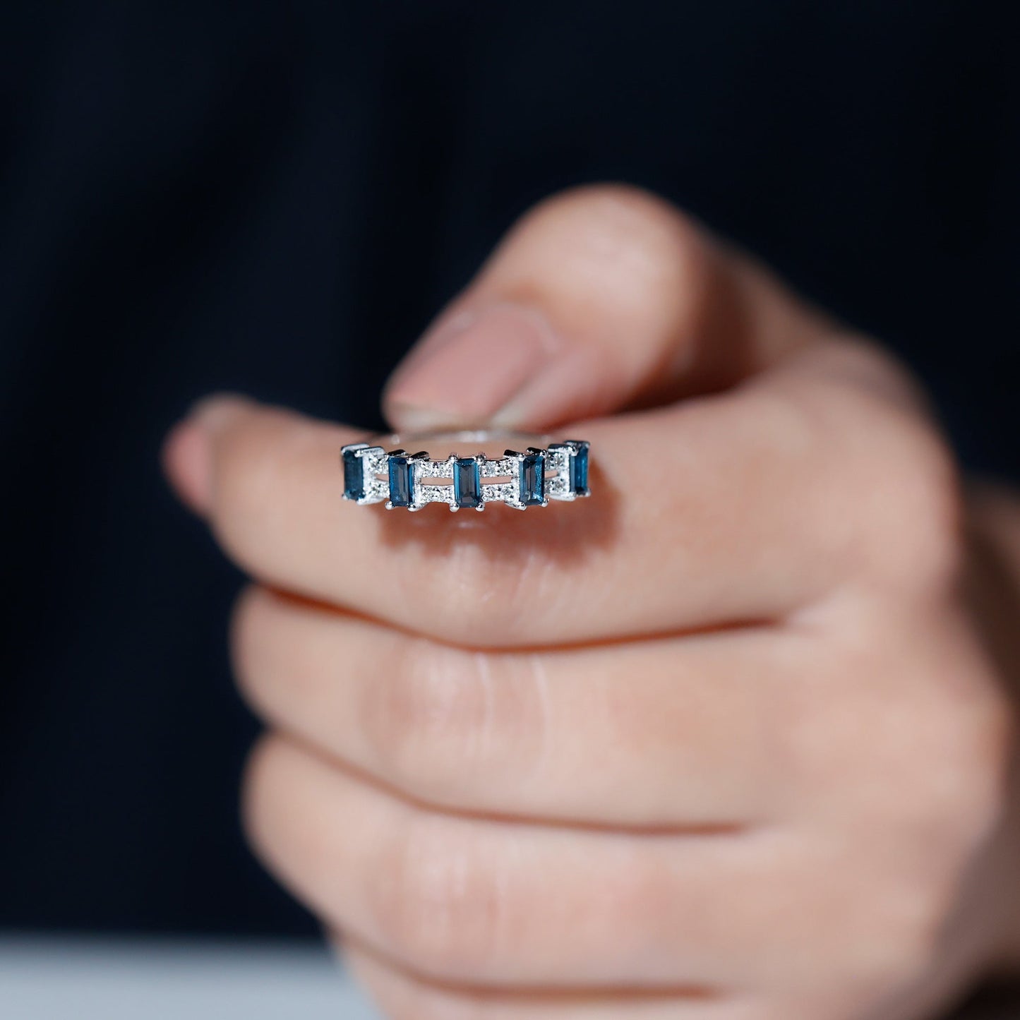 Baguette London Blue Topaz Half Eternity Band with Diamond