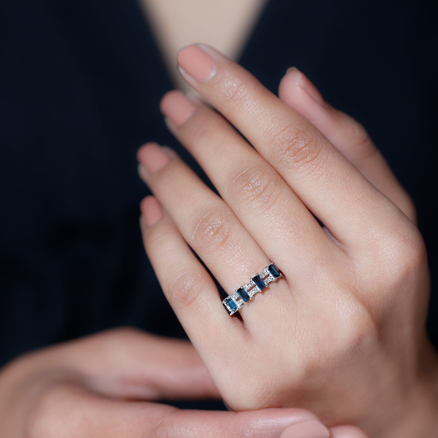 Baguette London Blue Topaz Half Eternity Band with Diamond