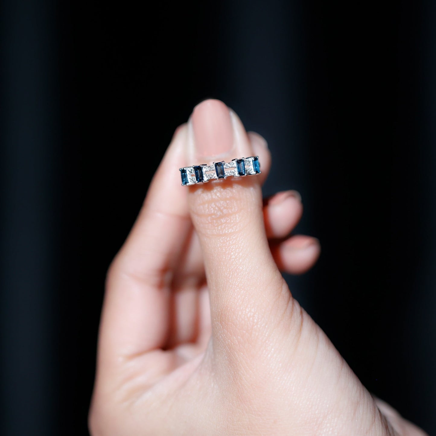 Baguette London Blue Topaz Half Eternity Band with Diamond