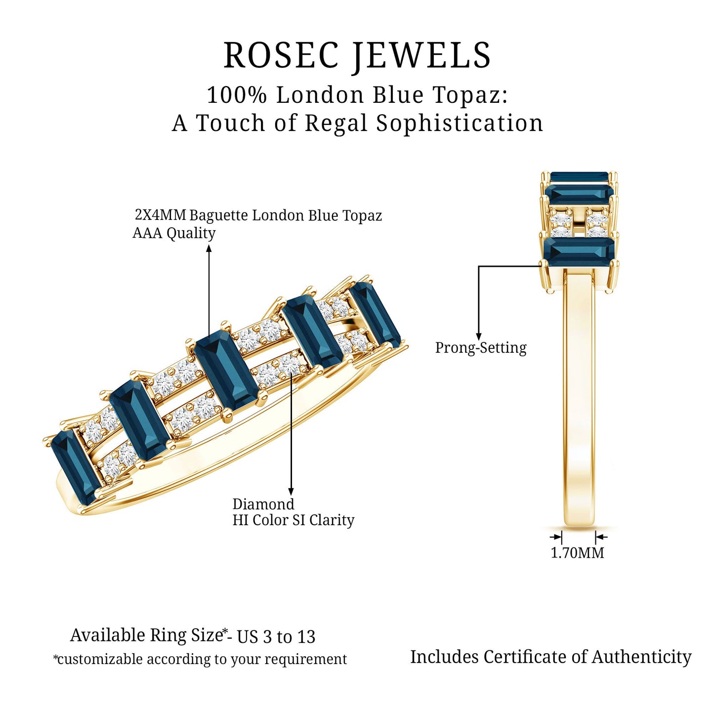 Baguette London Blue Topaz Half Eternity Band with Diamond