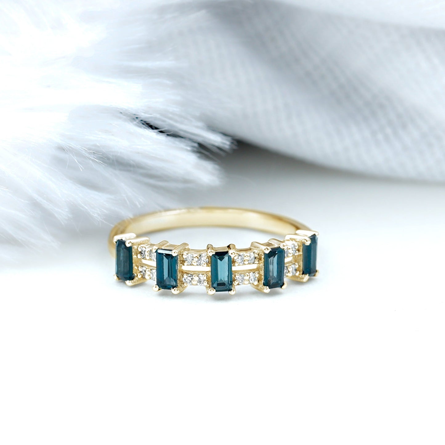 Baguette London Blue Topaz Half Eternity Band with Diamond