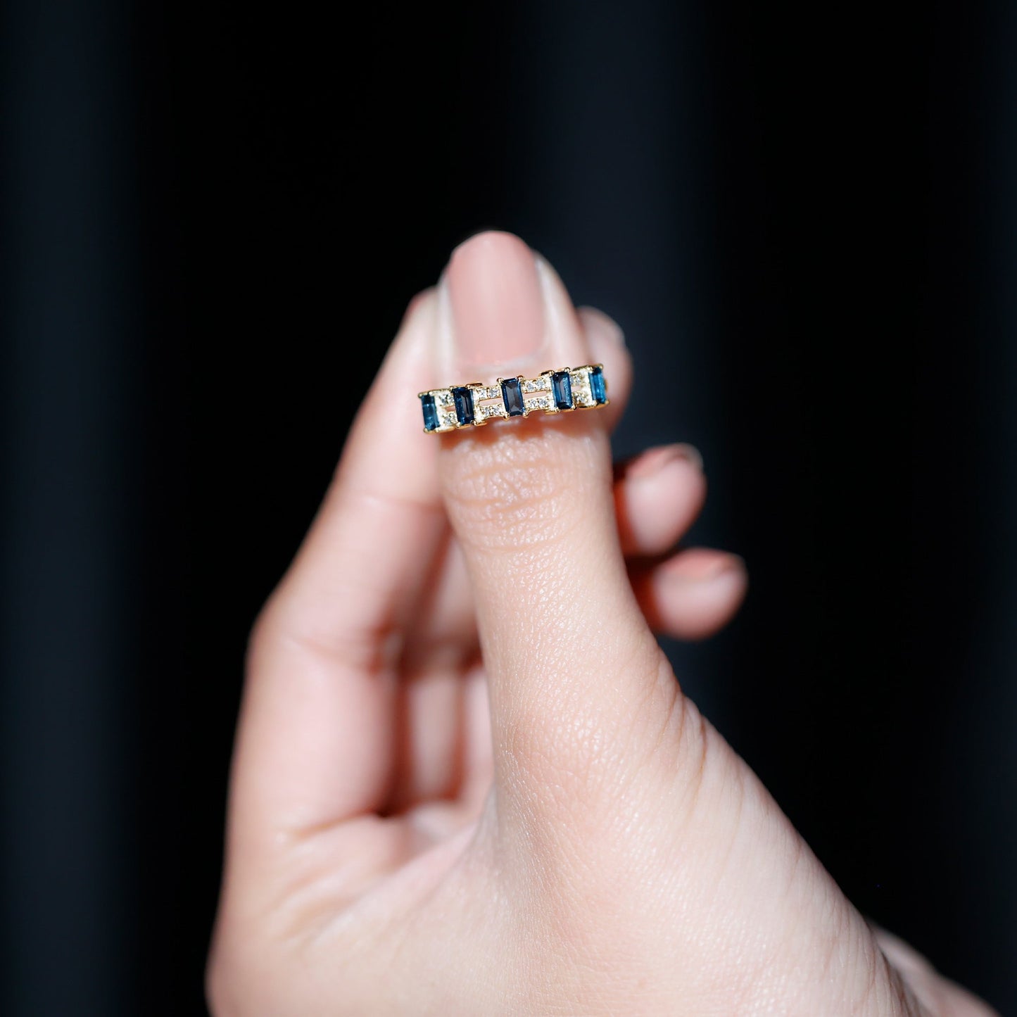 Baguette London Blue Topaz Half Eternity Band with Diamond