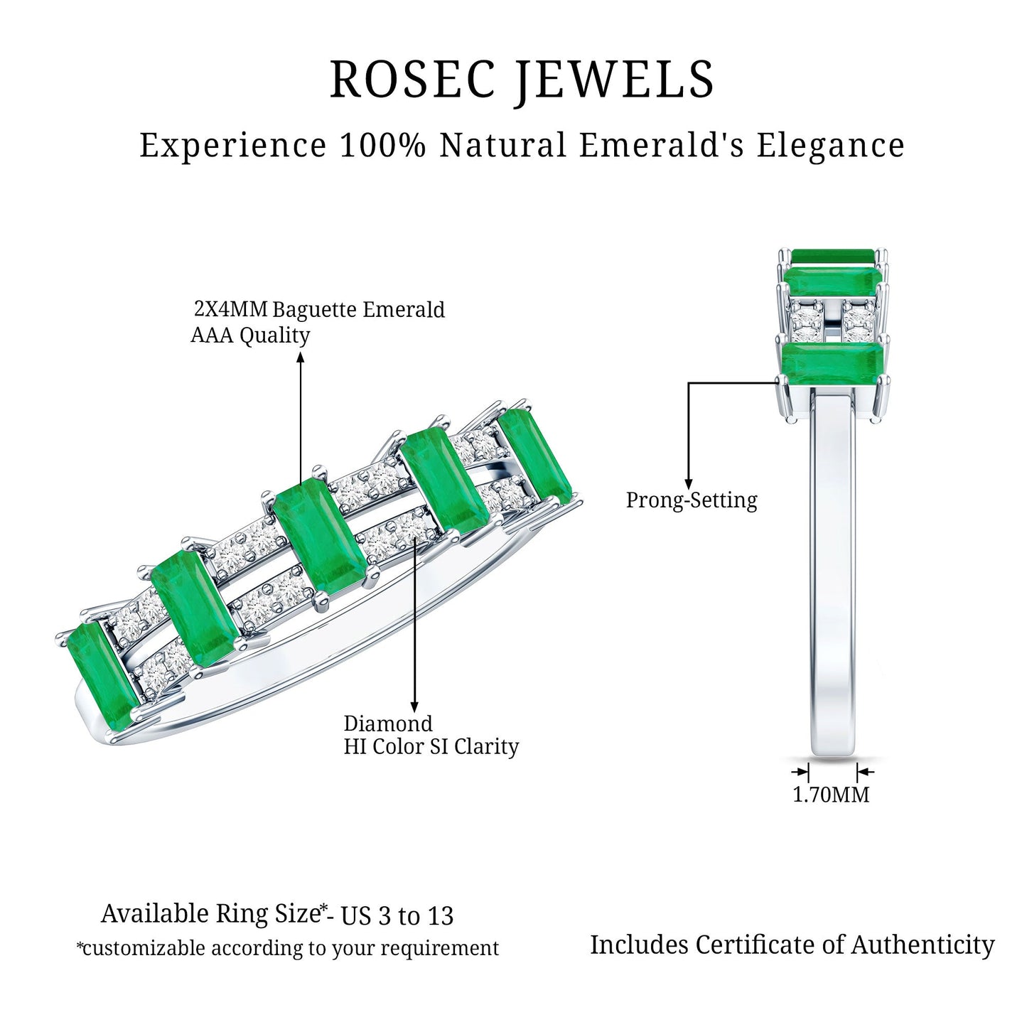 Baguette Cut Emerald and Diamond Half Eternity Band