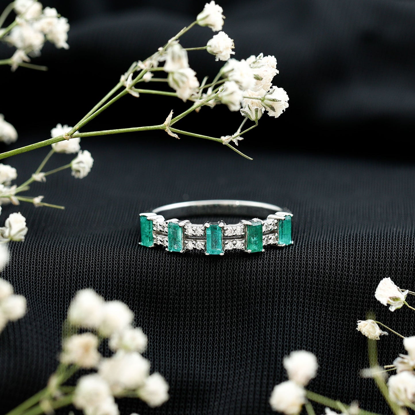 Baguette Cut Emerald and Diamond Half Eternity Band