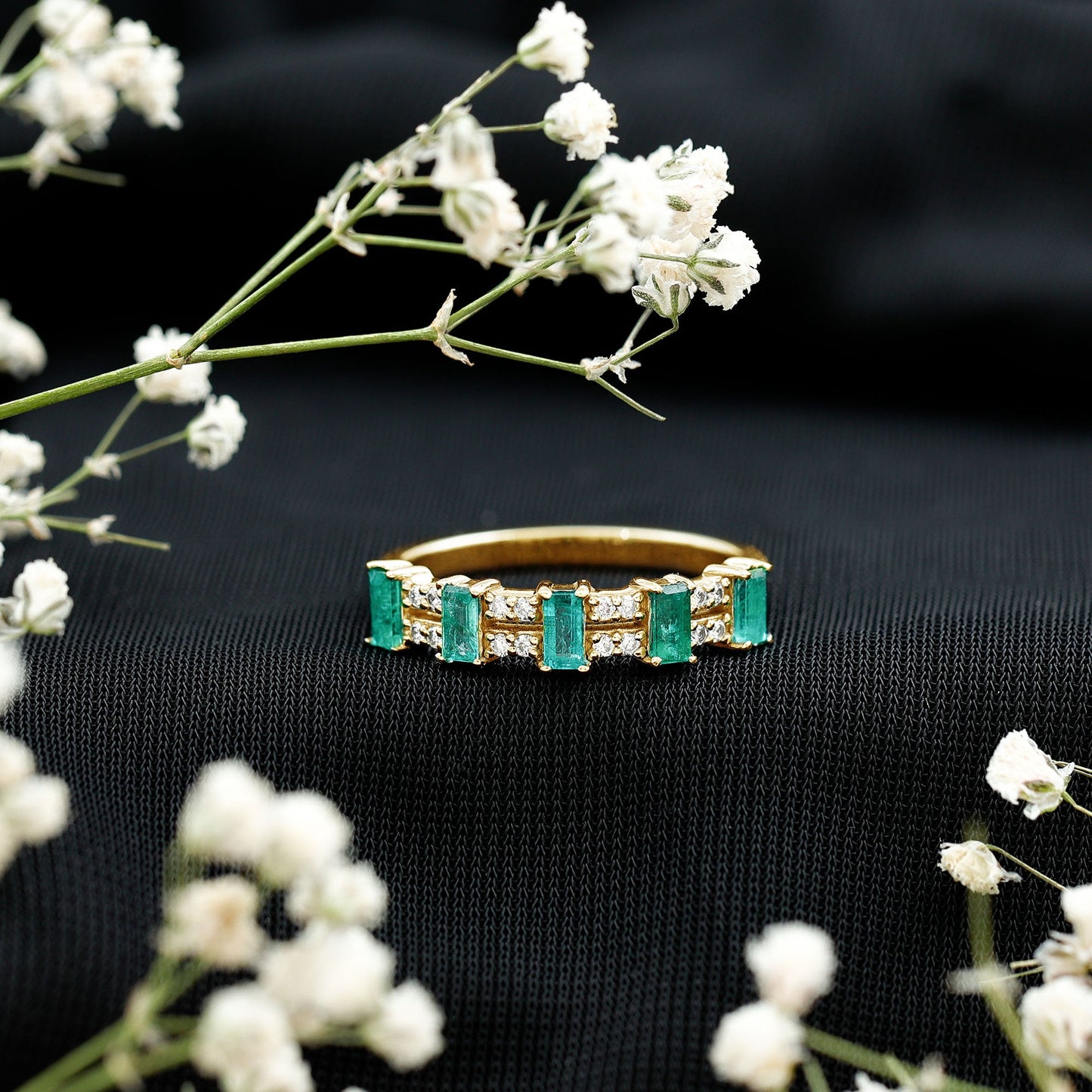 Baguette Cut Emerald and Diamond Half Eternity Band