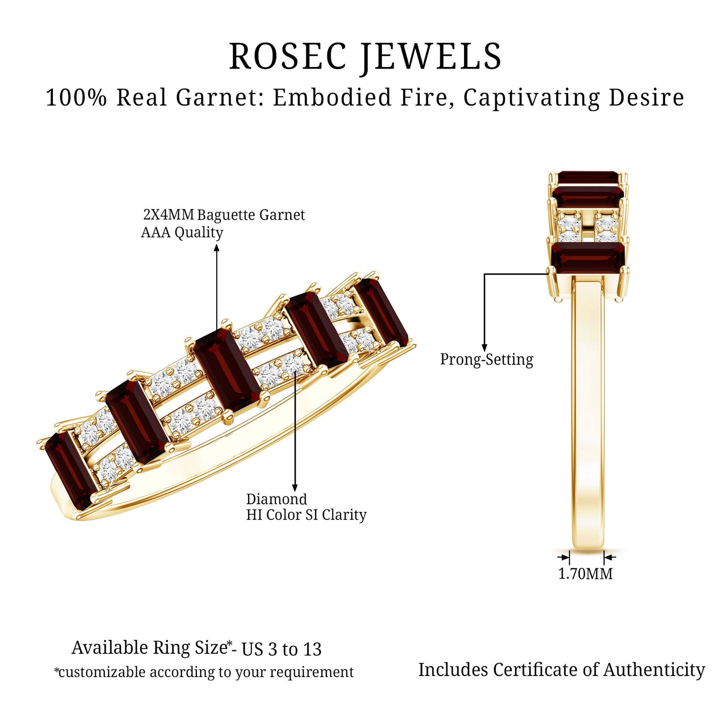 Natural Baguette Garnet Half Eternity Band with Diamond