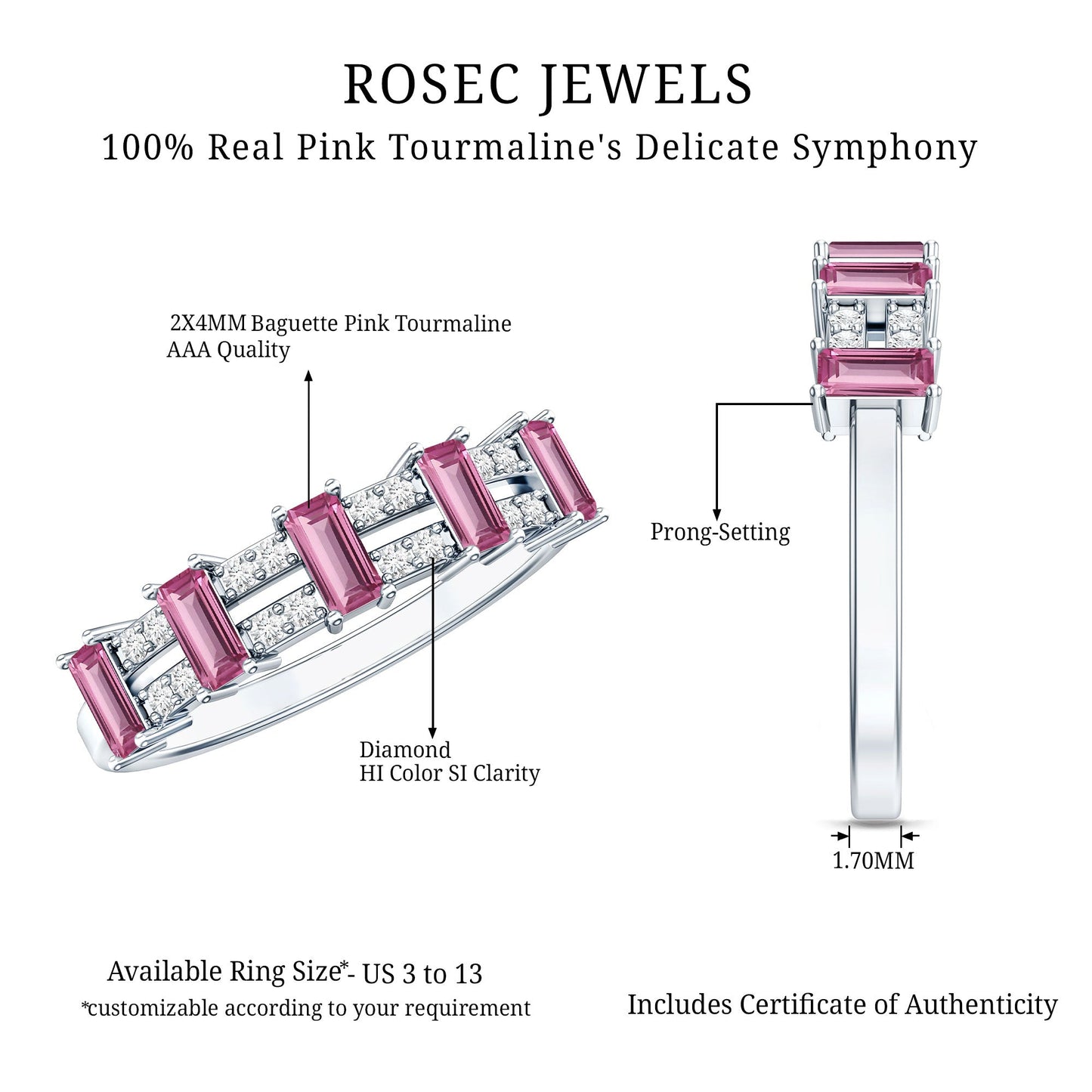 Natural Pink Tourmaline Wide Half Eternity Ring with Diamond