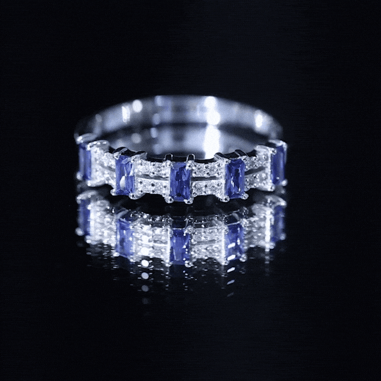 Certified Baguette Lab Grown Blue Sapphire Half Eternity Band Ring with Diamond