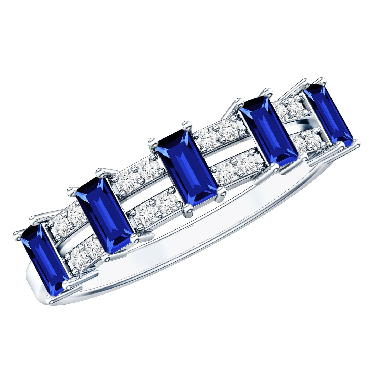 Certified Baguette Lab Grown Blue Sapphire Half Eternity Band Ring with Diamond