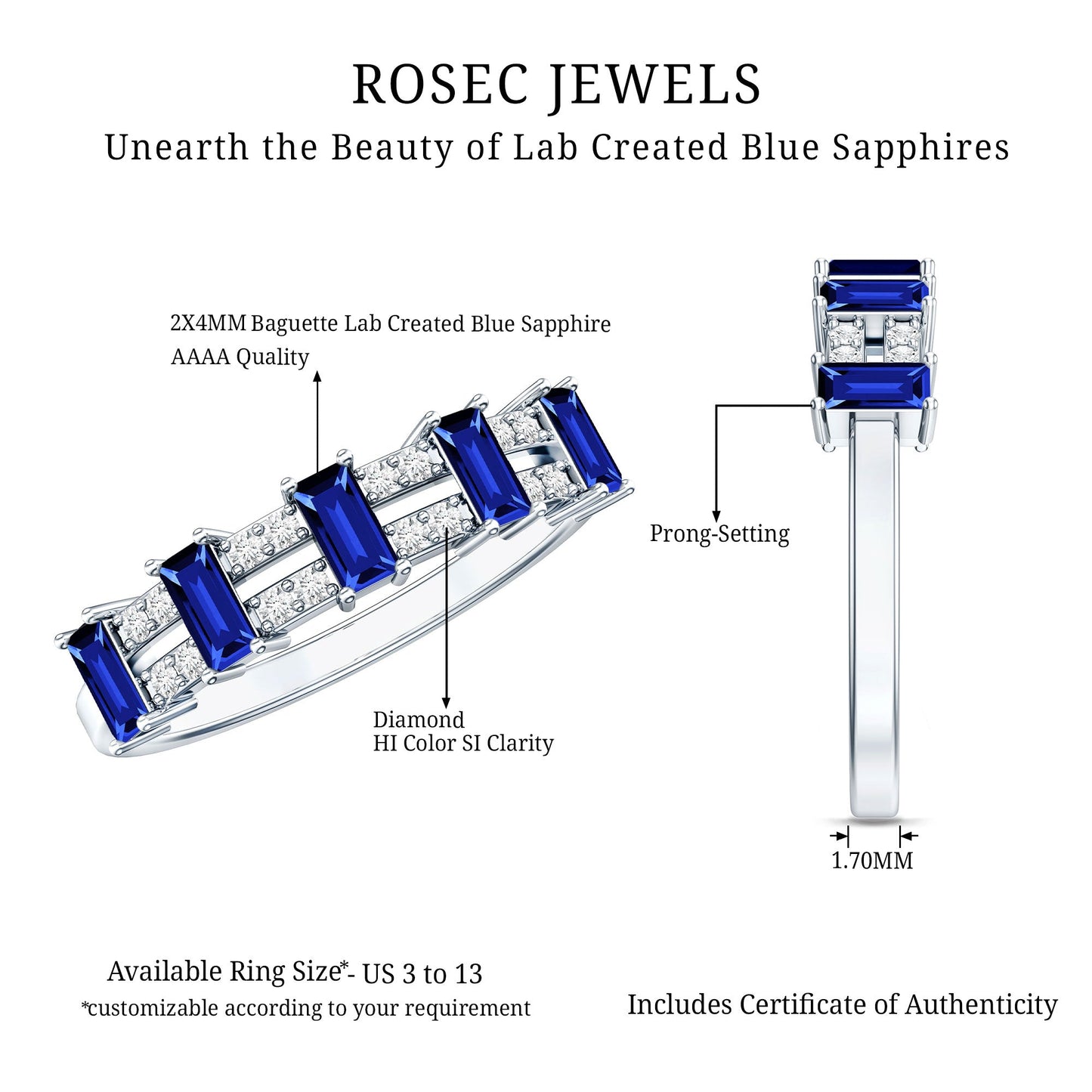 Certified Baguette Lab Grown Blue Sapphire Half Eternity Band Ring with Diamond