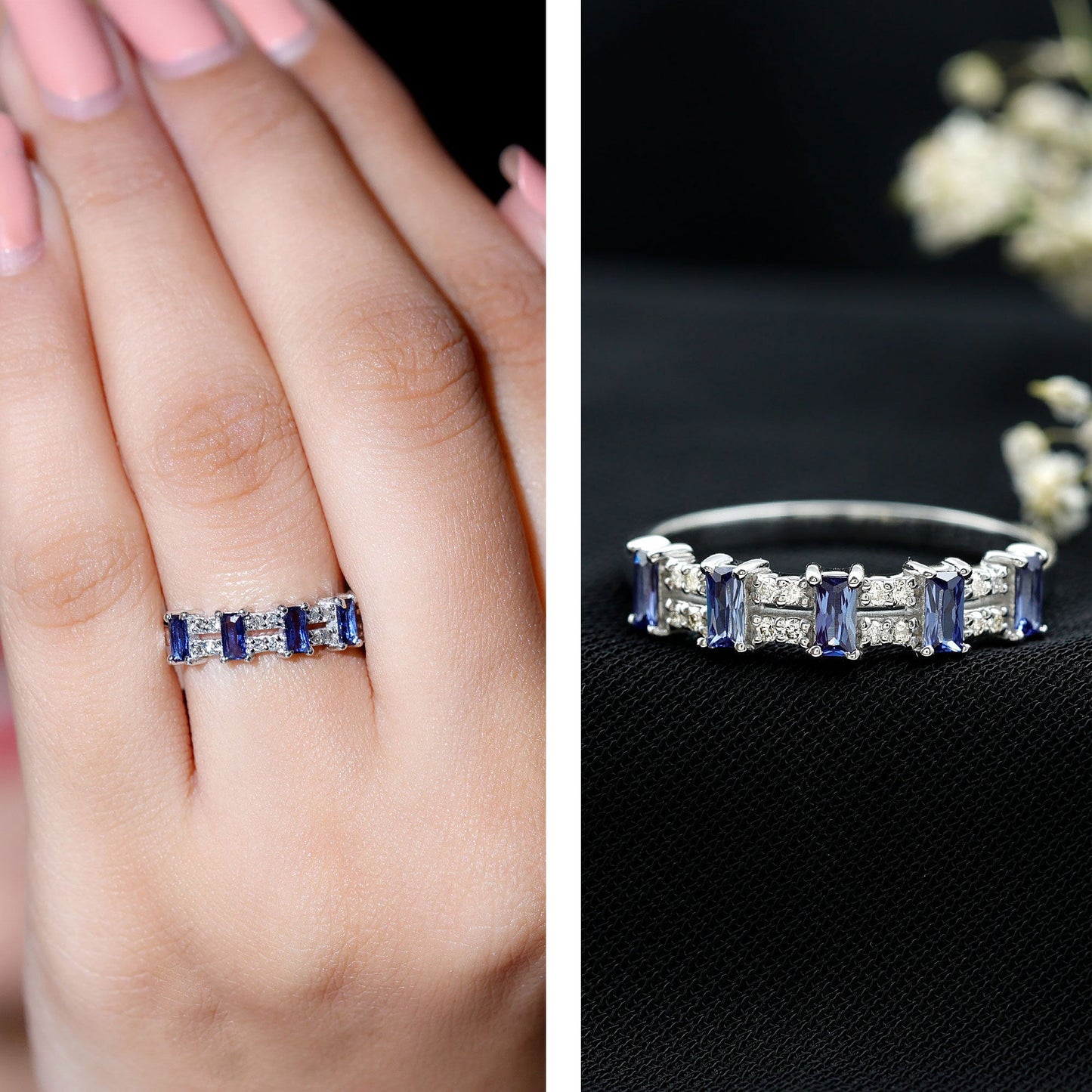 Certified Baguette Lab Grown Blue Sapphire Half Eternity Band Ring with Diamond