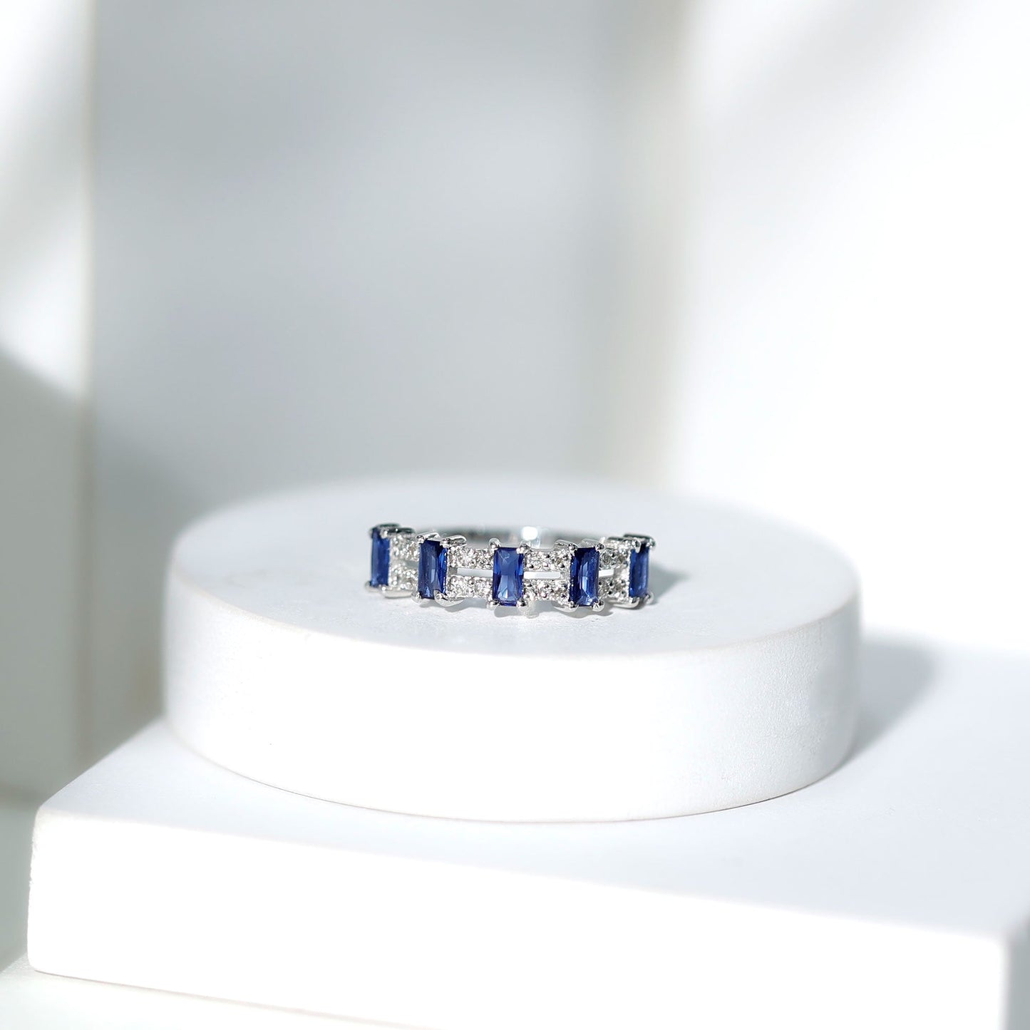 Certified Baguette Lab Grown Blue Sapphire Half Eternity Band Ring with Diamond