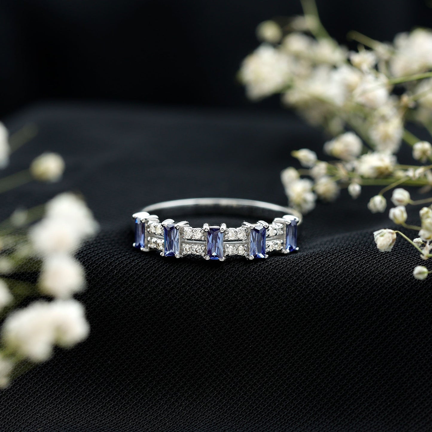Certified Baguette Lab Grown Blue Sapphire Half Eternity Band Ring with Diamond
